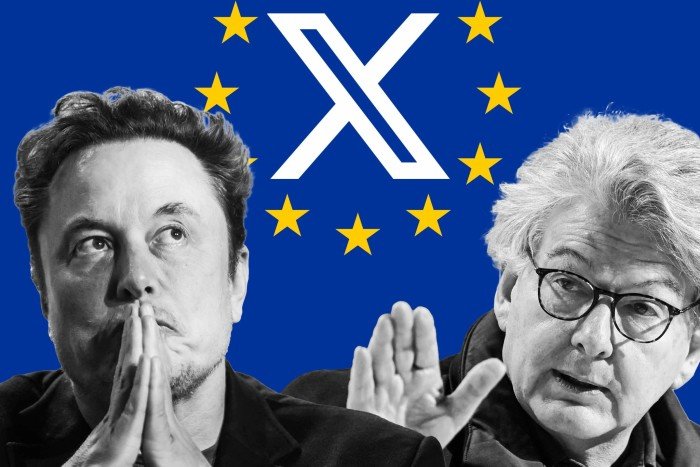 Elon Musk, X logo, Thierry Breton and EU flag montage