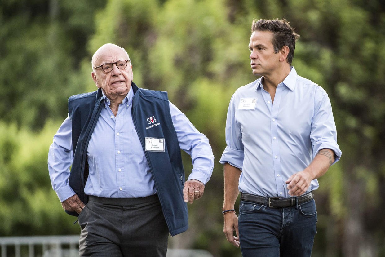 Rupert Murdoch and Lachlan Murdoch walk together outdoors (David Paul Morris/Bloomberg file via Getty Images)